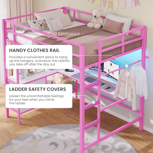 DICTAC Loft Bed Full Size with L-Shaped Desk and Charging Station Full Metal Bed Frame with LED Lights,Open Shelves and 3 Fabric Storage Drawers
