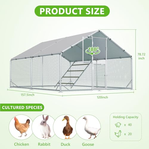 Large Chicken Coop,Metal Chicken Run for Yard with Feeding Door,Walk-in Chicken Pen for 10-20 Chickens,Outdoor Poultry Cage with Anti-UV Cover