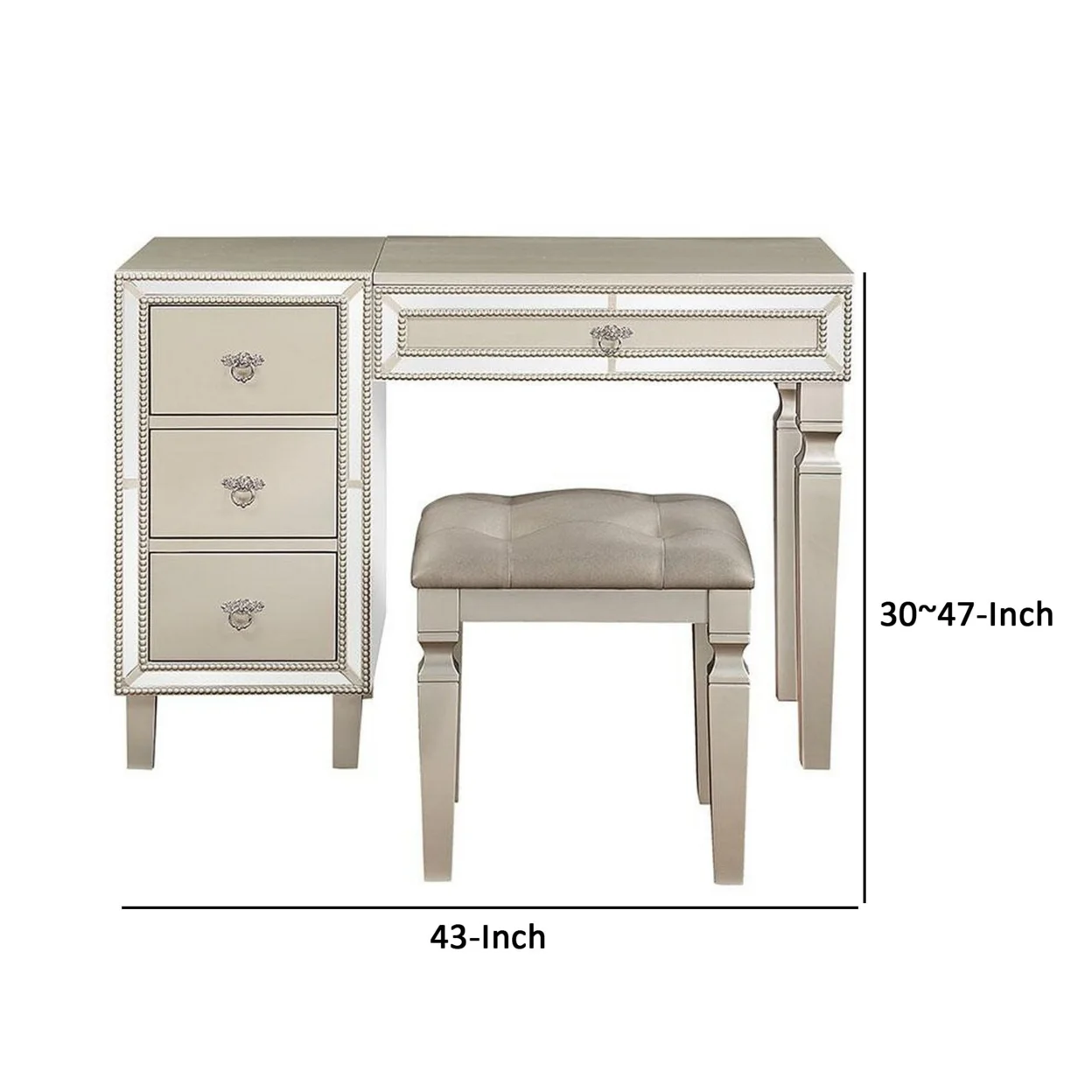 Sosi 47 Inch Vanity Desk Set Padded Stool Mirror Inlaid Drawers Silver