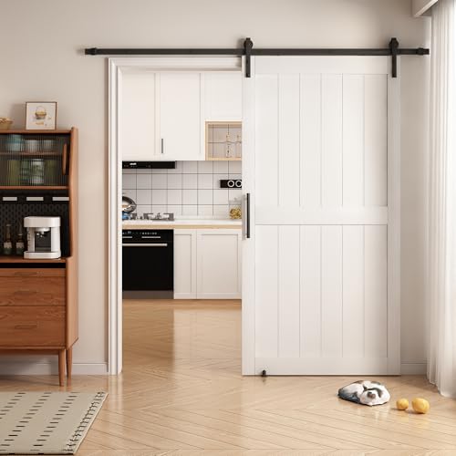 36 in x 84 in White Sliding Barn Door with 6FT Hardware Kit, Floor Guide and Handle Included, Waterproof PVC Surface, Pre-Drilled Holes Easy Assembly