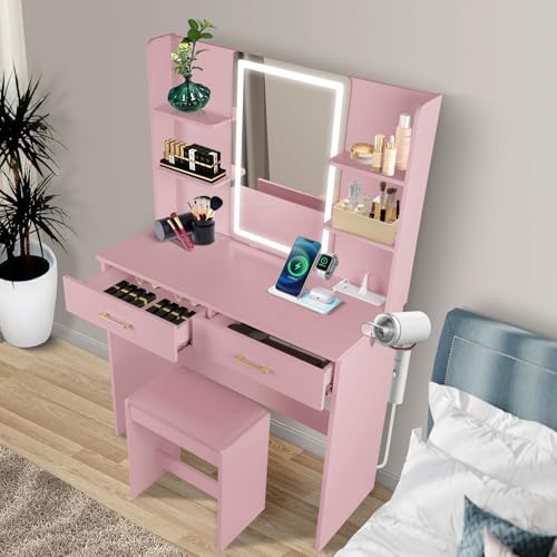 Vanity Set with Lights and Stool, Vanity Desk with Mirror and Lights，Vanity Power Outlet,Vanity Desk with Drawers