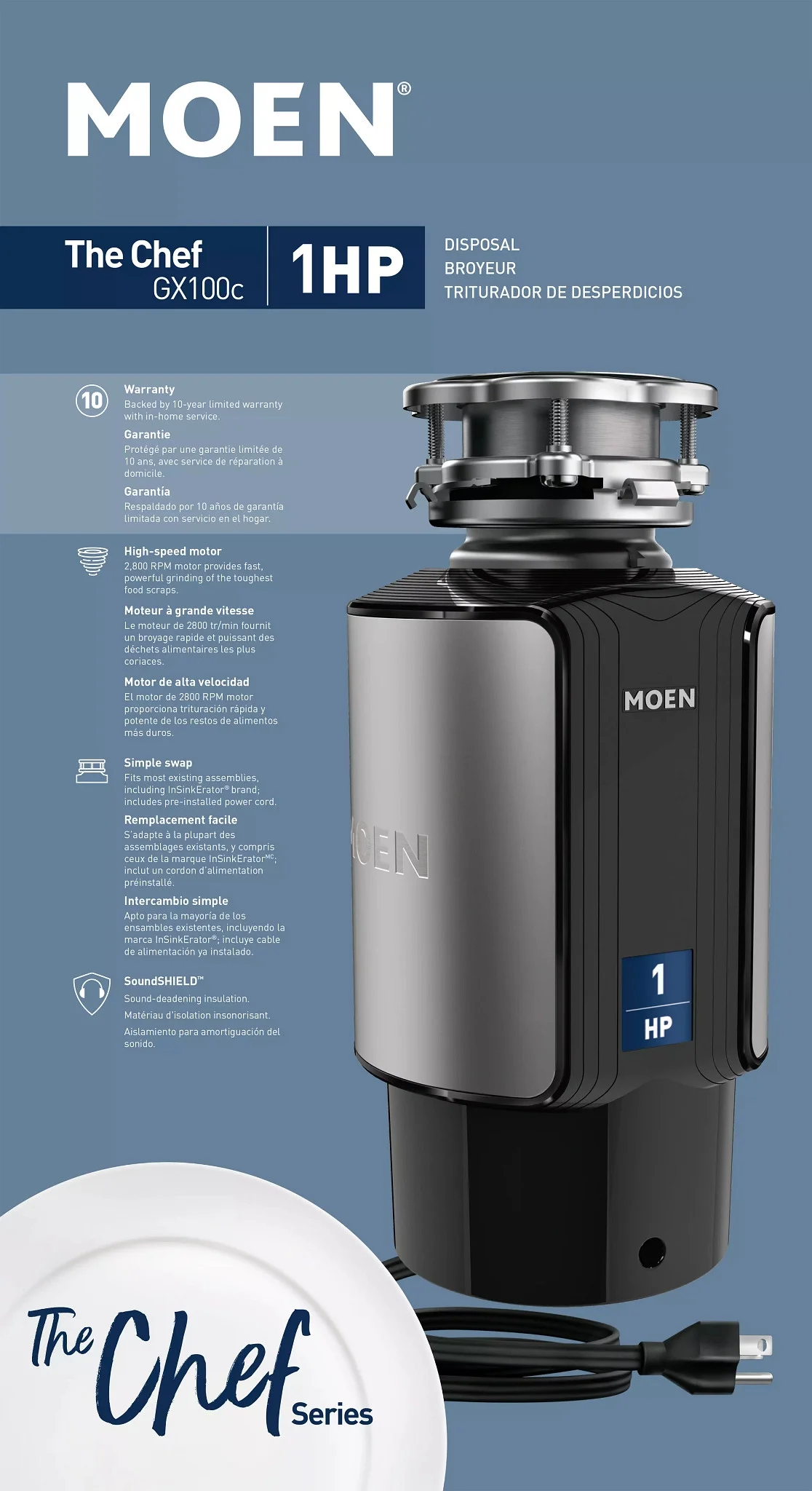 Moen Chef Series 1 HP Continuous Feed Garbage Disposal with Sound Reduction, GX100C