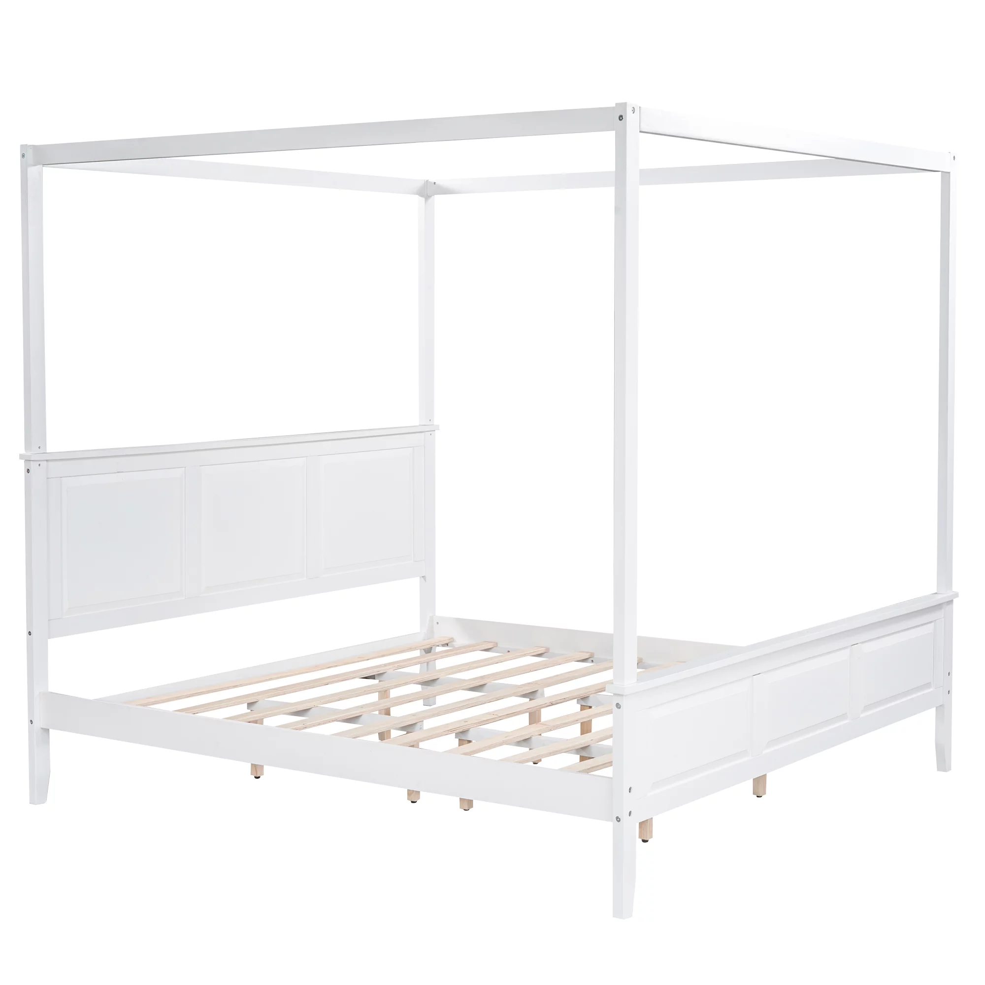 Euroco King Size Canopy Platform Bed with Four Slat Support Leg, White
