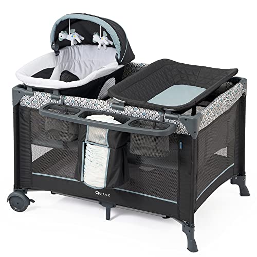 5 in 1 Multifunctional Pack and Play,Qutanix Foldable Baby Crib with Bassinets,Changing Table,Newborn Napper with Canopy,Diaper Stacker