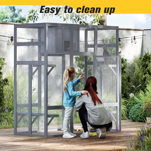COZIWOW 70Inches Large Stable Spacious Wooden Catio Outdoor Cat Enclosure with Perches and Condos, Cat Cage Indoor with Waterproof Roof