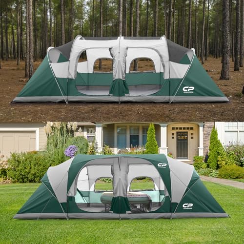 CAMPROS CP Tent 12-Person-Camping-Tents,3 Room Family Tents,Waterproof Windproof Family Tent with Top Rainfly,6 Large Mesh Windows,Double Layer