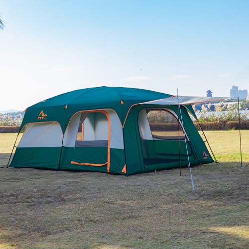 KTT Extra Large Tent 10-12-14 Person(Style-B),Family Cabin Tents,2 Rooms,3 Doors and 3 Windows with Mesh,Straight Wall,Waterproof,Double Layer
