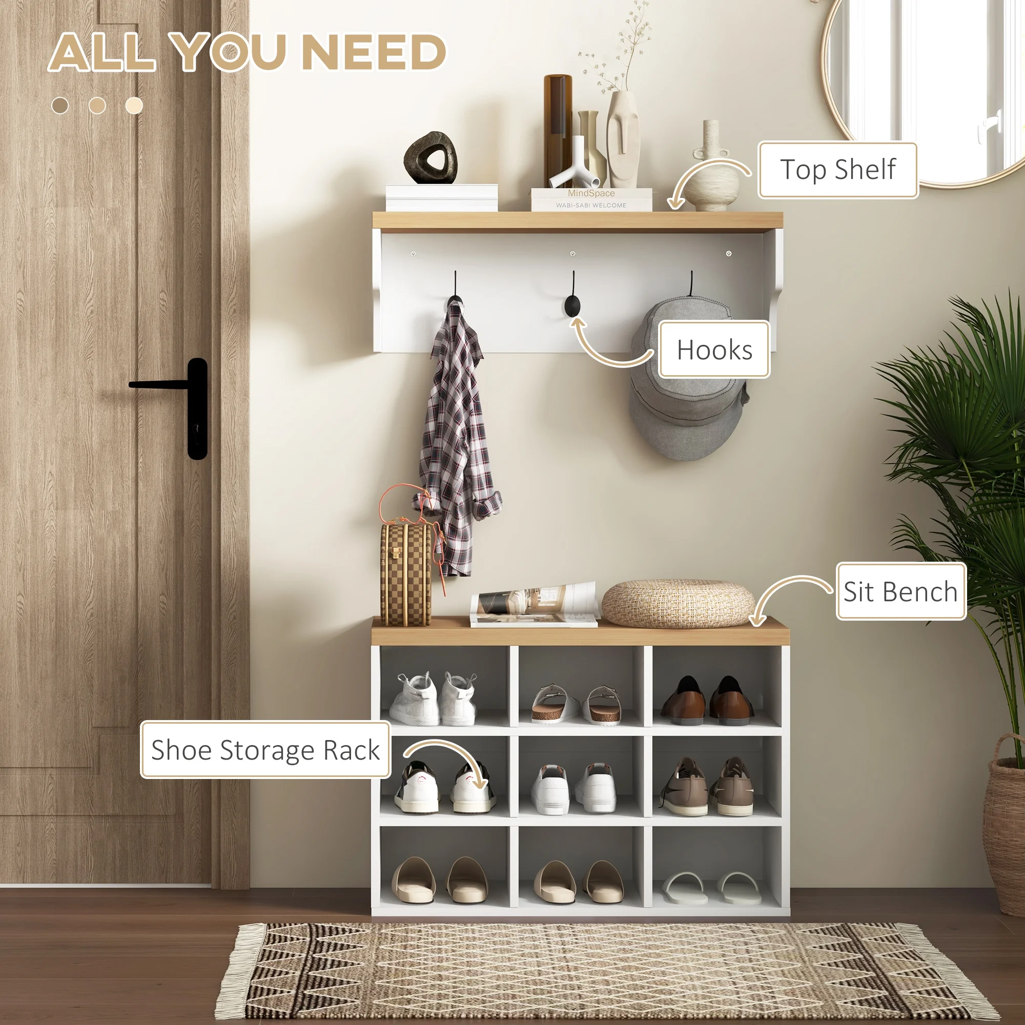 CoSoTower 2-In-1 Coat Rack Shoe Bench Set, 9 Pair Shoe Storage Cabinet Rack with Hall Tree, Modern Entryway, Hallway, Mudroom, Bedroom Organizer