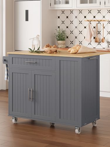 Kitchen Island with Storage, 31.5" D Rolling Kitchen Island Cart on Wheels with Widen Drop Leaf Rubberwood Top