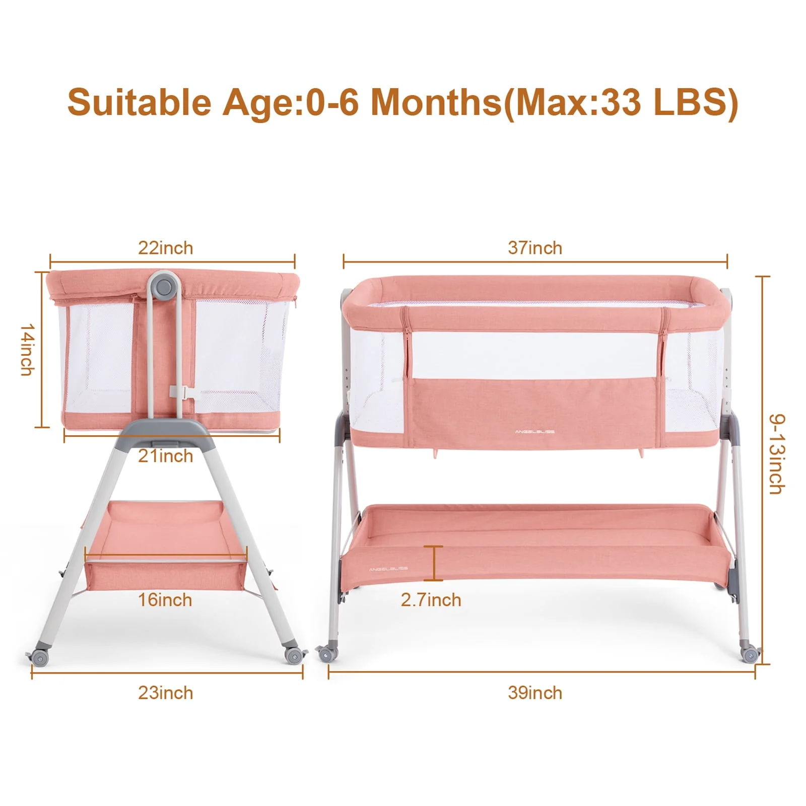 ANGELBLISS Flat Bedside Bassinet with Storage Basket, Easy Folding Portable Crib with Wheels, Included Breathable Mesh