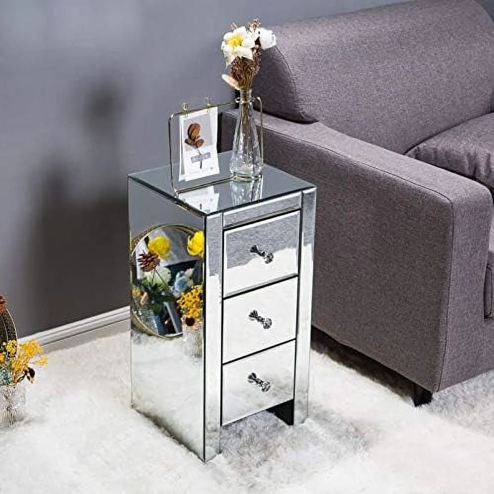 RUNFAYBIU Mirrored Nightstand  Mirrored End Table with 3 Drawers and Crystal-Style Knobs   Mirrored Bedside Table for Bedroom  Living Room  Small
