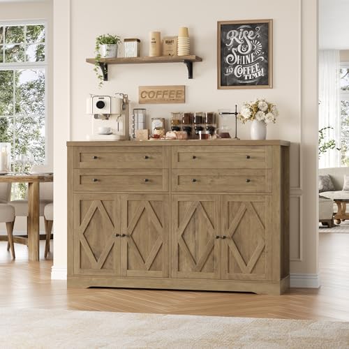 HOSTACK 55" Coffee Bar with 4 Large Drawers, 40" Tall Buffet Cabinet with Storage, Kitchen Storage Cabinet, Modern Farmhouse Sideboard Buffet