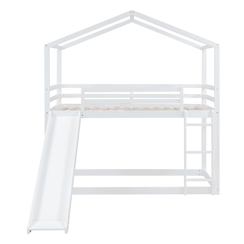 Kids Twin Over Twin Bunk Beds with Slide and Trundle, Solid Wood Bunk Bed Frame with Stairs and Storage