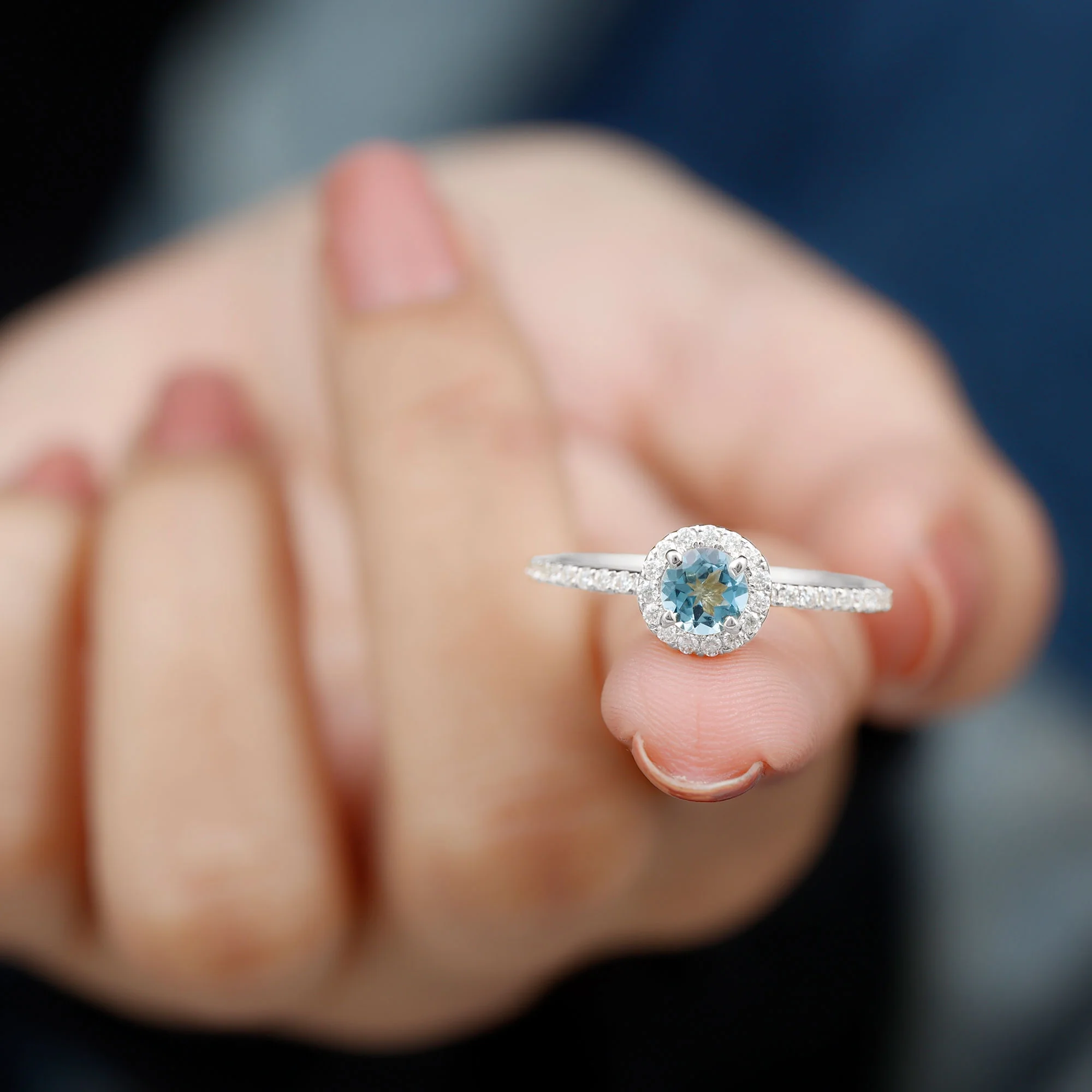 1.25 CT Aquamarine Ring with Diamond Halo for Women (5 mm) - AAA Grade, 10K White Gold, US 6.00