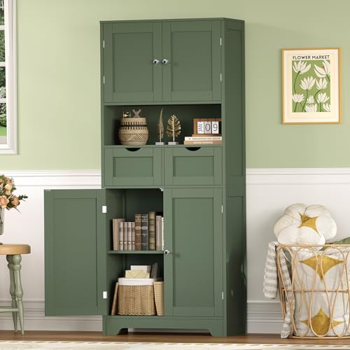 57.8“H Tall Bathroom Cabinet, Storage Cabinet with 2 Drawers & 2 Adjustable Shelves, Bathroom Storage Cabinet with 4 Doors