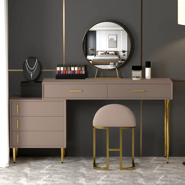 Modern Blue Makeup Vanity Set Retracted Dressing Table Cabinet&Stool&Mirror Included