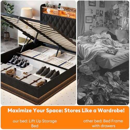 Queen Bed Frame with Storage - Lift Up Queen Size Bed Frame with Headboard, Upholstered Platform Bed with LED Lights & Charging Station