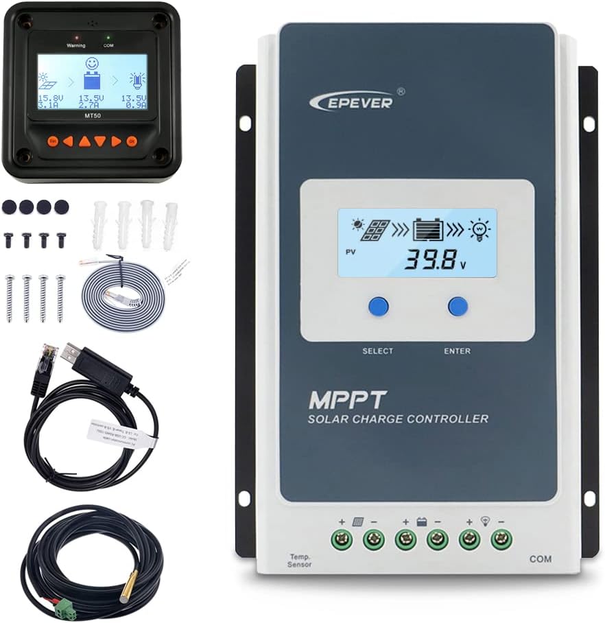 EPEVER 20A Solar Charge Controller MPPT 12V / 24V Auto Max.PV 100V Input Negative Ground Solar Panel Charge Regulator with MT50 Remote Meter