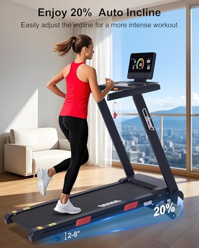 Auto Incline Treadmill, 20% Incline, 3.0HP, 10 MPH Running Machine, 18.5" Wide Belt, 350 lbs Capacity, Treadmill for Home with Bluetooth App