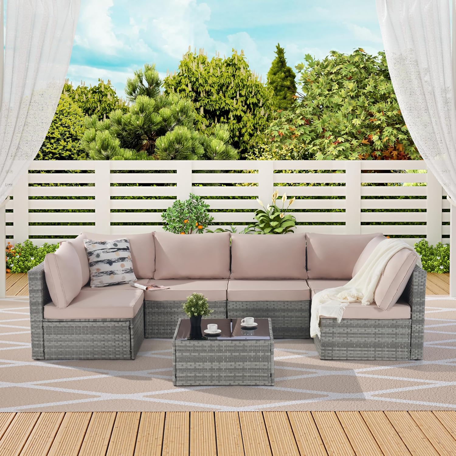 7 Piece Patio Furniture Outdoor Conversation Set, All-Weather PE Rattan Wicker Sectional Sofa w/Coffee Table & Thickness Cushion for Deck, Porch