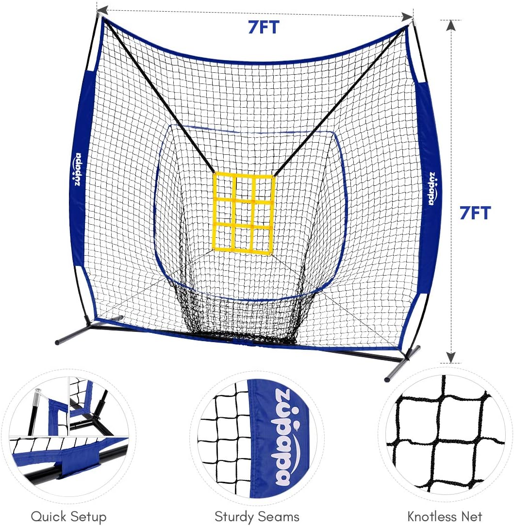 Zupapa 7 by 7 Feet Baseball Softball Hitting Pitching Net with Strike Zone, Baseball Backstop Practice Net for Batting Catching for All Skill Levels