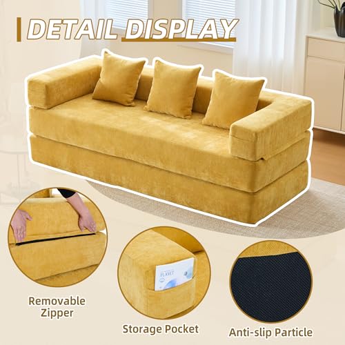 Convertible Sleeper Sofa Bed with Cylindrical Pillow, Corduroy Folding Mattress Couch with Fixed-Shape Frame