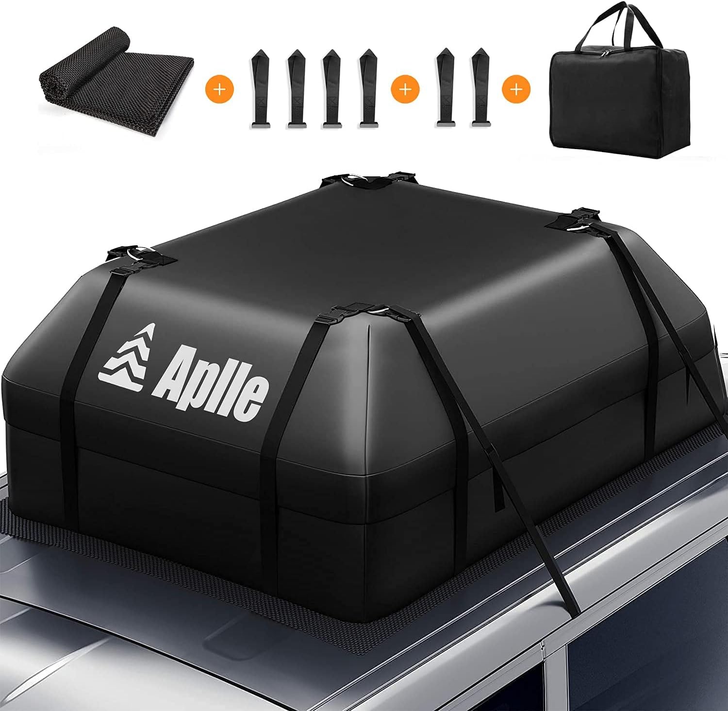 APLLE Rooftop Cargo Carrier, 15 Cubic Feet Rooftop Car Bag, with Anti-Slip Mat, Storage Bag, 8 Reinforced Straps, 6 Door Hooks