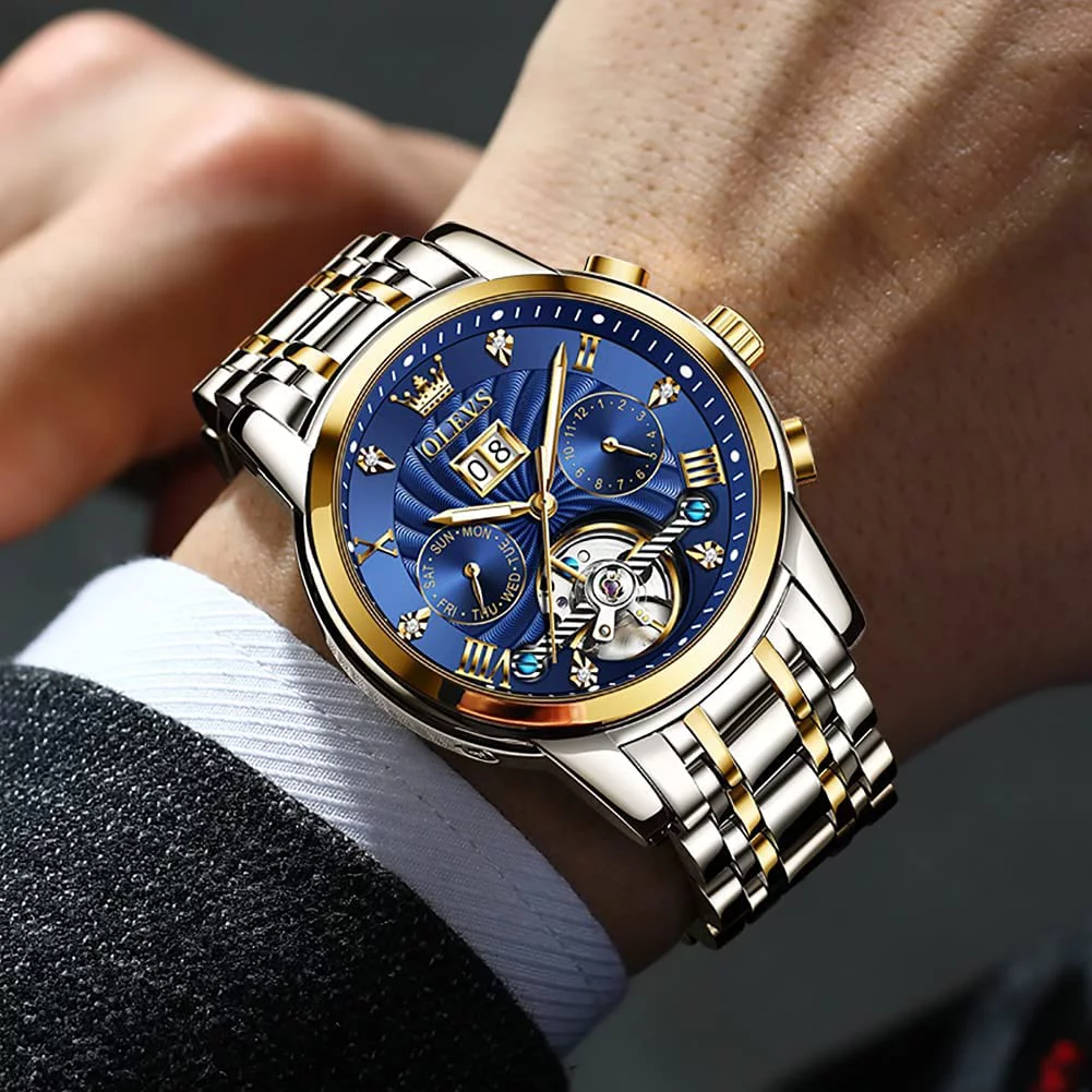 OLEVS Watch for Men Automatic Skeleton Tourbillon Mechanical Self Winding Business Luxury Dual Calendar Stainless Steel Luminous Waterproof Man Wrist