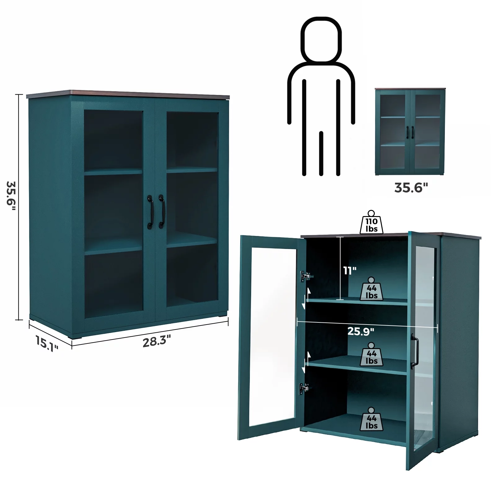 REHOOPEX Storage Buffet Cabinet with Glass Doors, Display Cabinet 36"H for Home Kitchen, Hallway