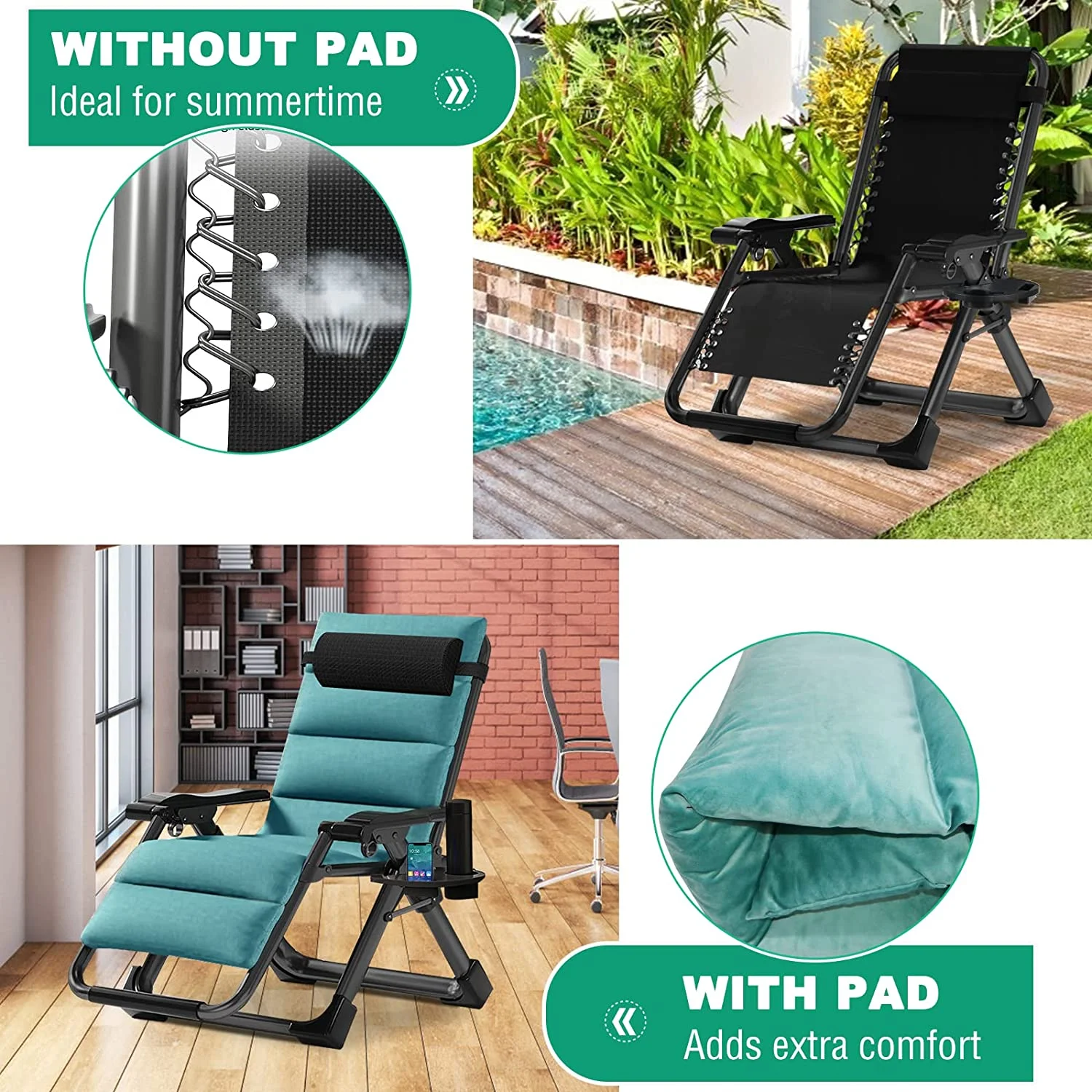 Slsy 2 Pack Zero Gravity Chair Reclining Lounge Patio Chairs, Adjustable Lawn Recliner with Removable Pillow, Cup Holder, Soft Cotton Pad