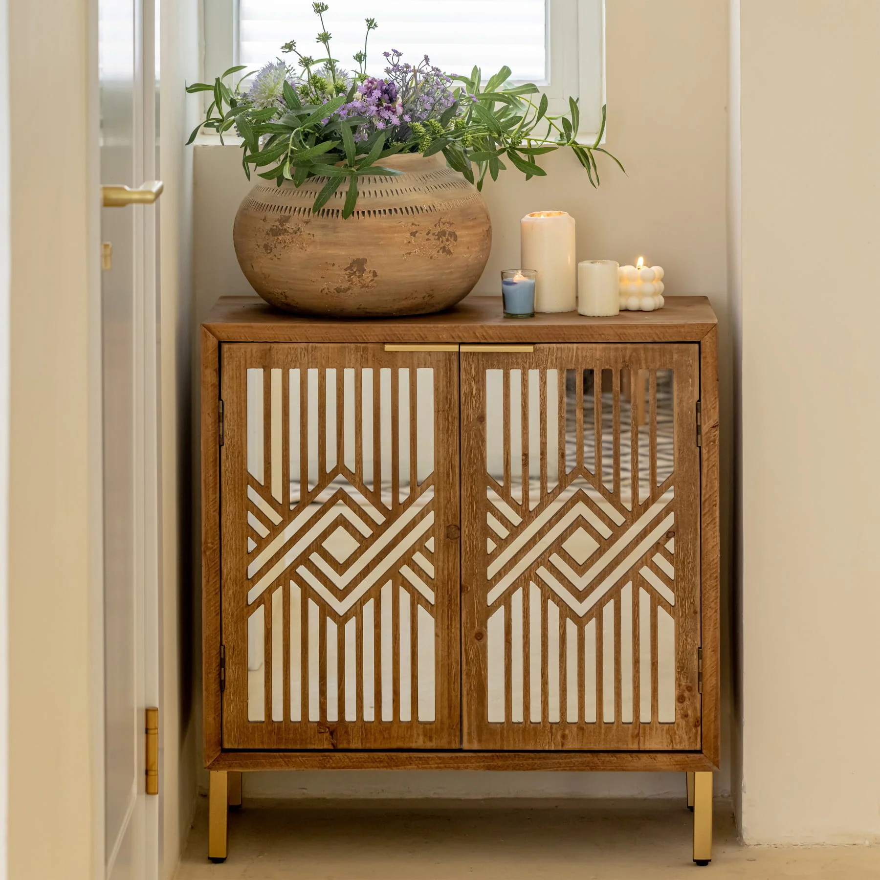 COZAYH  2-Door Accent Cabinet Modern Mirror Fronts Clean-Lined Silhouette, Natural