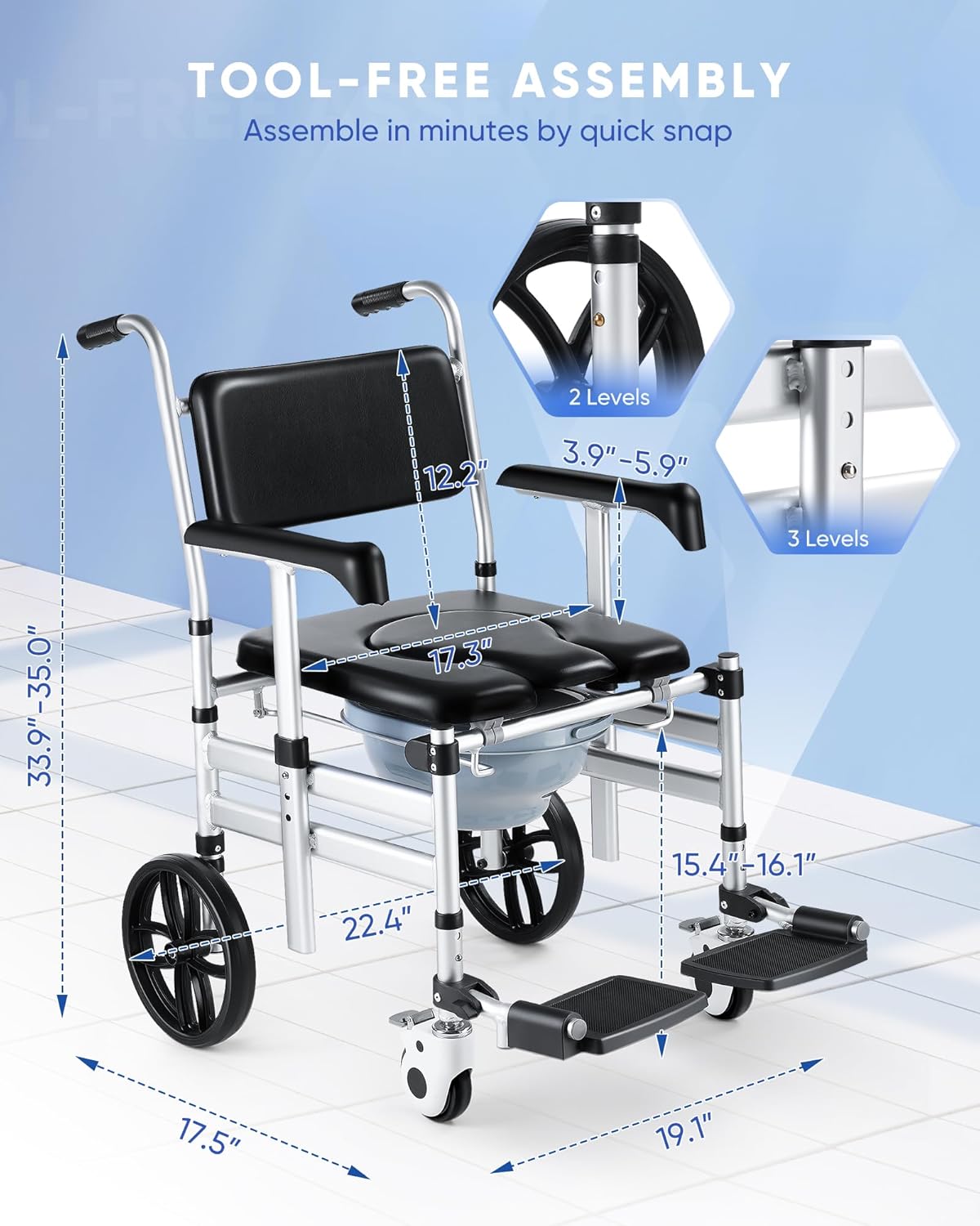 Shower Chair with Wheels, Hybodies Folding Shower Wheel, Transport Chair, Commode, Rolling Bath Chair for Handicap, Elderly & Injured