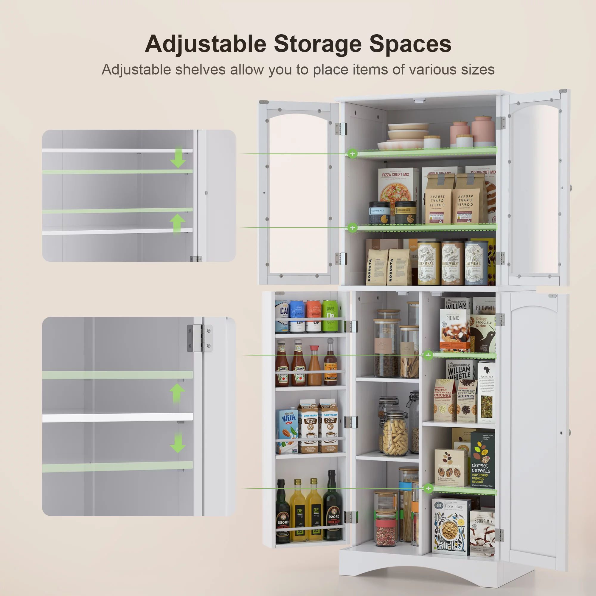 Aiho 64" H Tall Kitchen Pantry Storage Cabinet with Glass Door, White