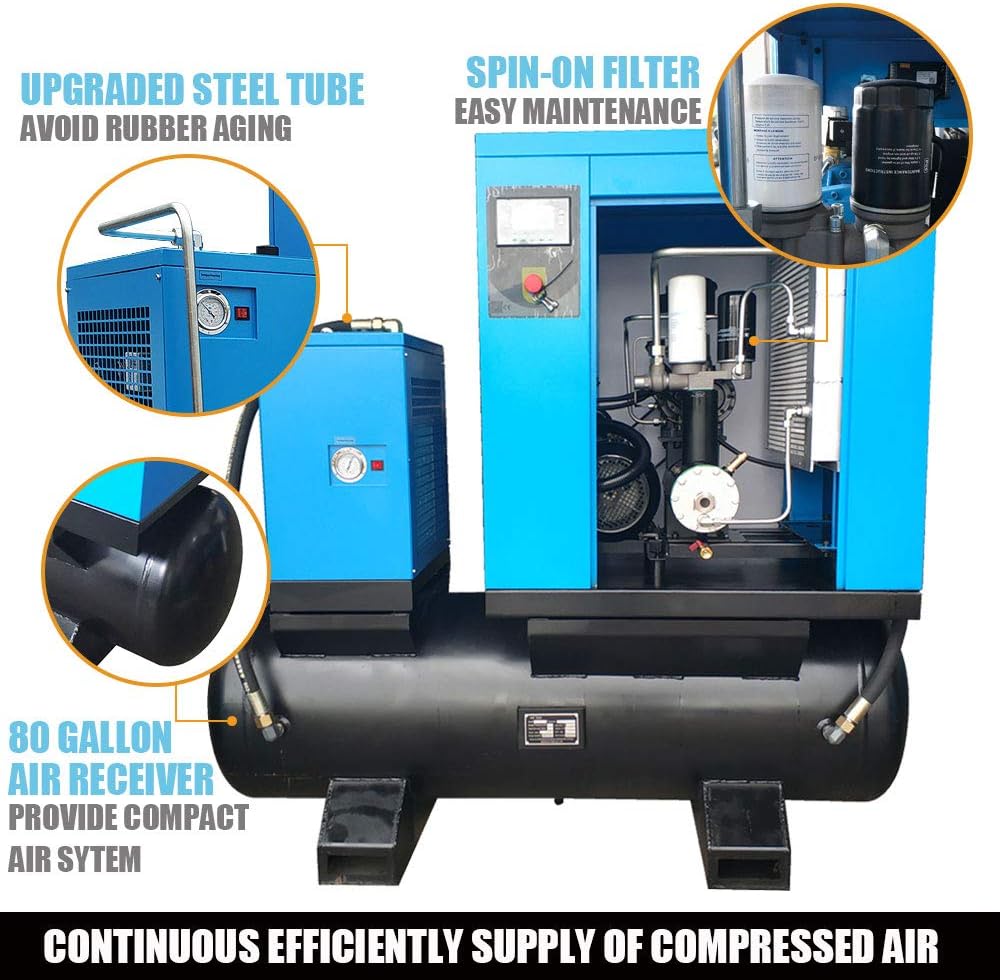 460V 3-Phase Total Rotary Screw Air Compressor with ASME Tank & Refrigerated Dryer - 20HP/15KW - 81CFM/125PSI