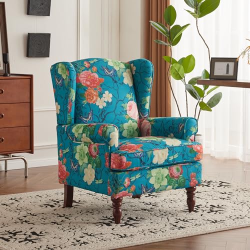 MELLCOM Floral Accent Chair, High Back Upholstered Armchair with Solid Legs, Leisure Single Sofa Chair for Living Room, Bedroom, Home Office