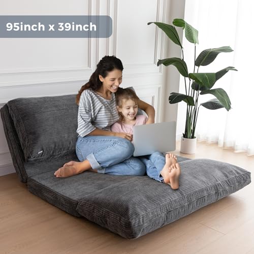 MAXYOYO Bean Bag Bed Folding Sofa Bed Floor Mattress for Adults, Extra Thick and Long Floor Sofa with Corded Washable Cover, Dark Grey, 30x95 Inch
