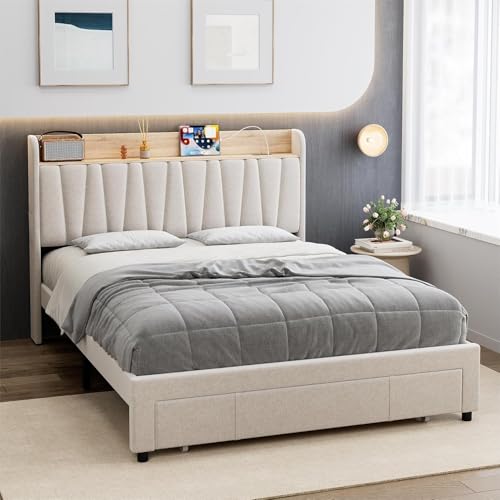 IDEALHOUSE Queen Size Bed Frame with Storage Headboard, Upholstered Platform Beds with Drawers, Charging Station, Noise-Free, No Box Spring Needed