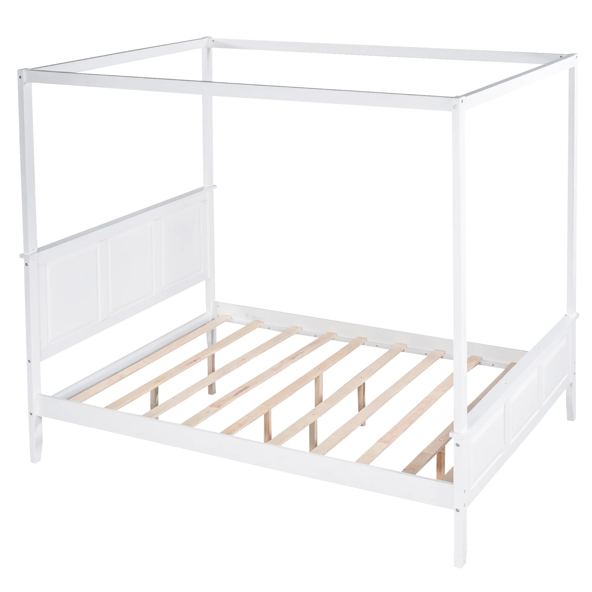Euroco Wood Queen Size Canopy Platform Bed with Four Support Legs for Kids Teens Adults, White