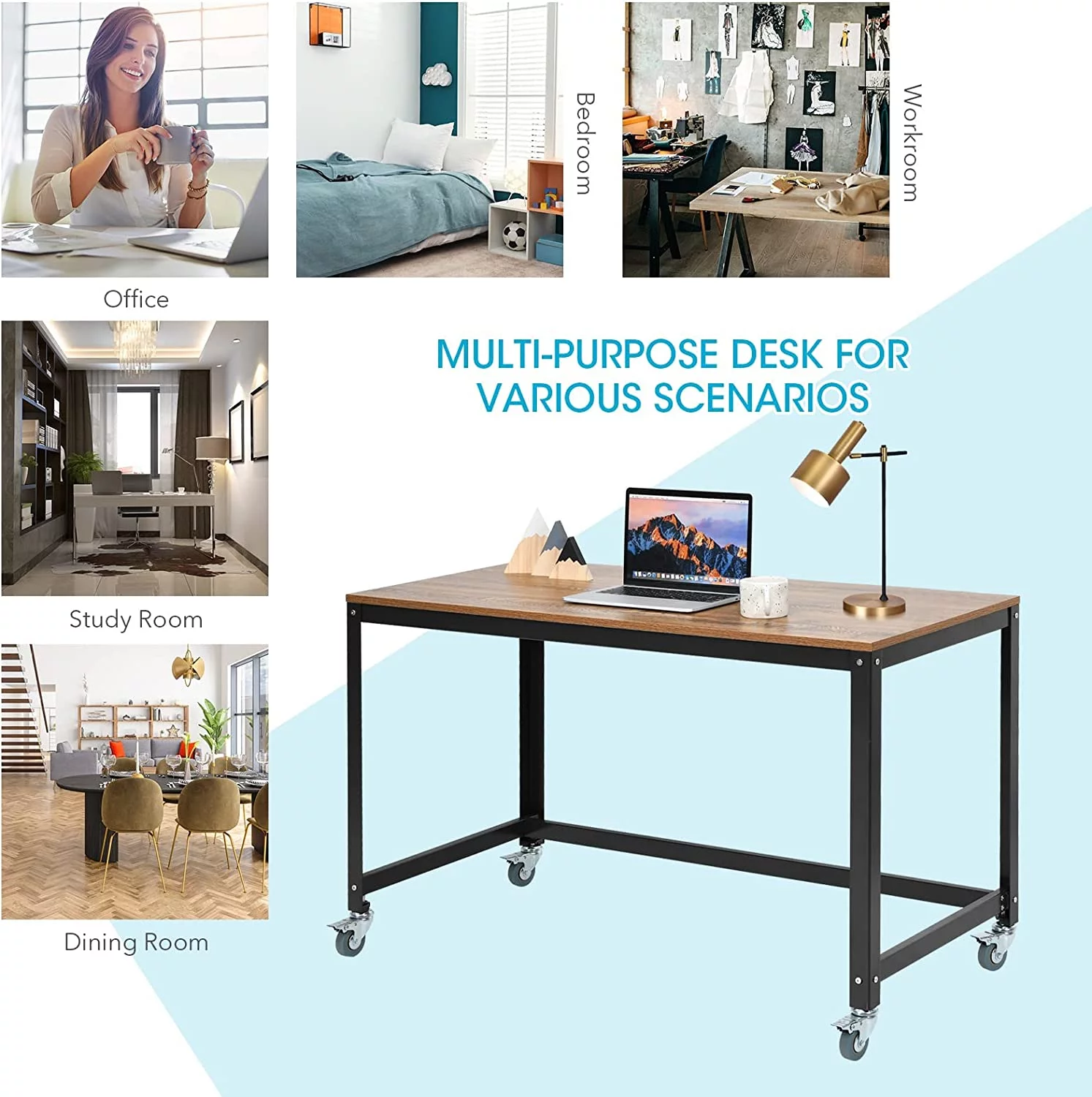 Rolling Computer Desk, Portable Rolling Table, Mobile Home Office Desk Writing Study Desk, Movable Workstation with 4 Smooth Wheels