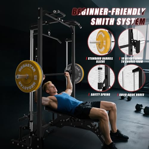Compact Smith Machine Home Gym - 800lb Barbell Sleeve, Space-Saving Power Cage with LAT Pulldown, Power Rack 5-in-1