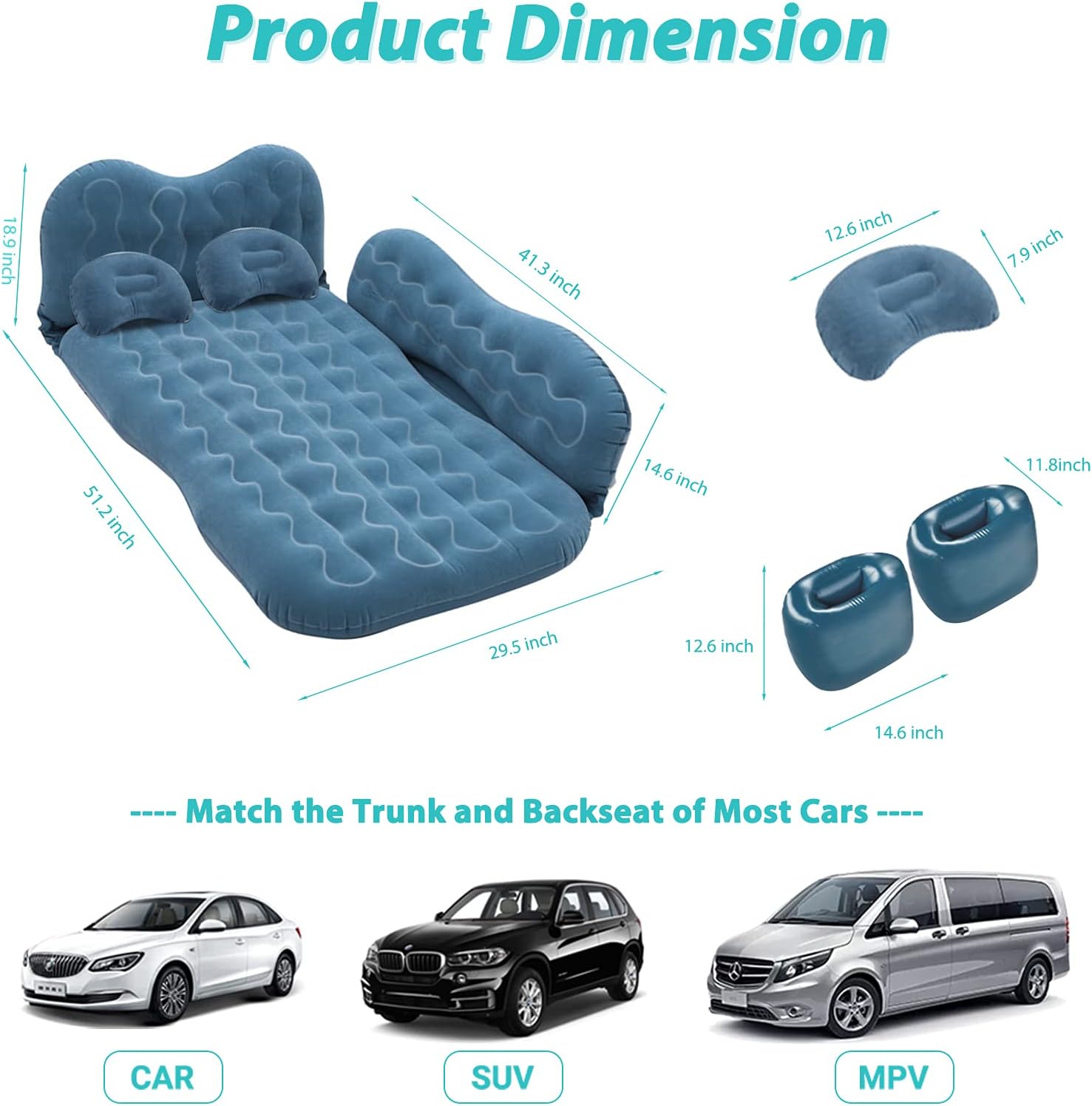 Inflatable Car Air Mattress with Pump, Pillows, Portable SUV Travel Bed for Back Seat, Universal Thickened Flocking Sleeping Pad for Truck, RV