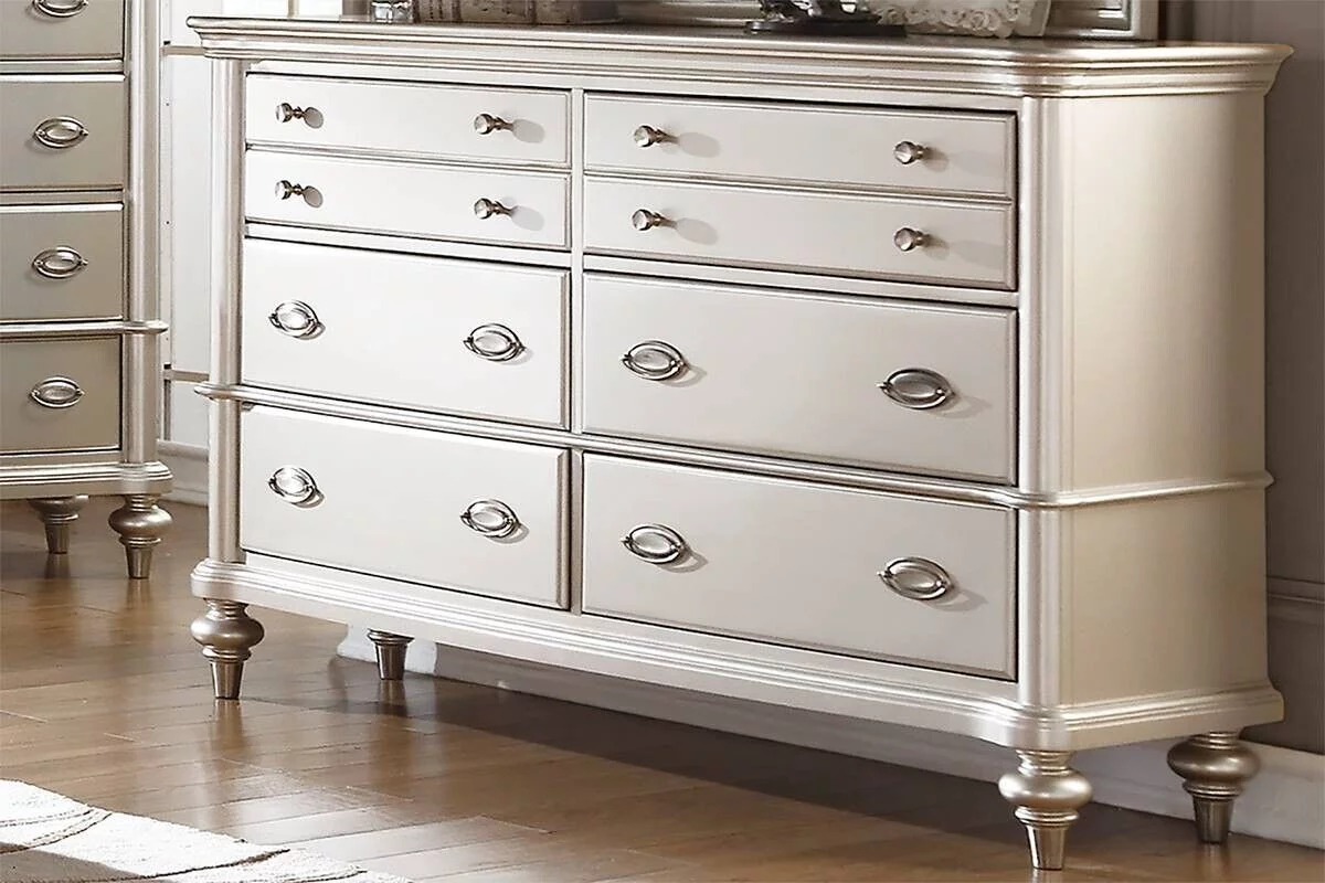 Traditional Look Queen Size Bed 4pc Set Faux Leather Tufted Headboard Dresser Mirror Nightstand Silver Finish Bedroom Furniture
