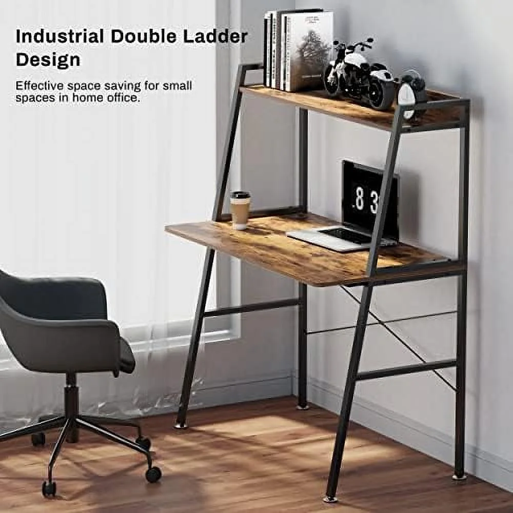 Small Computer Ladder Desk with  Shelves  43 Inch 2-Tier  Office Students Study Writing PC Gaming Table with Bookshelf  Workstation for Space Saving