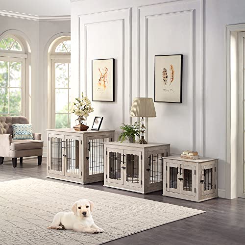 beeNbkks Furniture Style Dog Crate End Table, Double Doors Wooden Wire Dog Kennel with Pet Bed, Decorative Pet Crate Dog House Indoor Medium Large