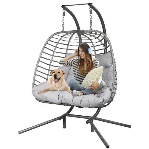 HWB Hanging Egg Chair with Stand, Patio Wicker Hammock Egg Swing Chair with Cushion for Bedroom Garden Indoor Outdoor (Beige)