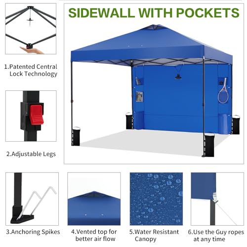 10'x10' Pop Up Canopy Tent with 1 Sidewall and 6 Pockets, One Push Setup, Instant Shade Tent with Vented Roof for Beach Patio Outdoor, Case, 8 Stakes