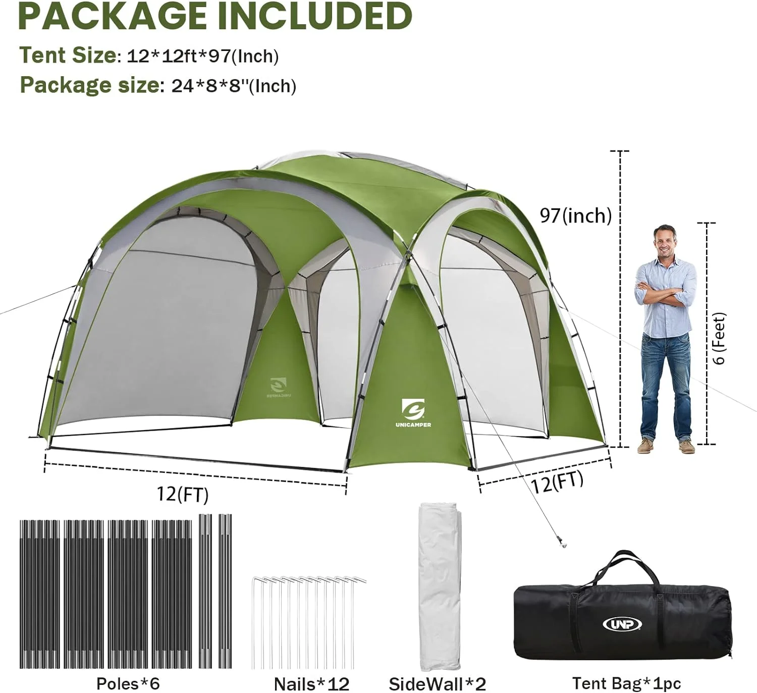 UNP Easy Beach Tent 12 X 12ft Pop Up Canopy UPF50+ Tent with Side Wall, Ground Pegs, and Stability Poles, Sun Shelter Rainproof