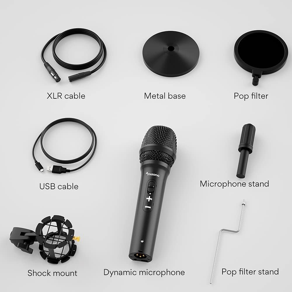 USB/XLR Instrument Dynamic Microphone, MAONO Metal Professional Zero-Latency Monitoring Vocal Mic with Volume Control, Shock Mount and Pop Filter