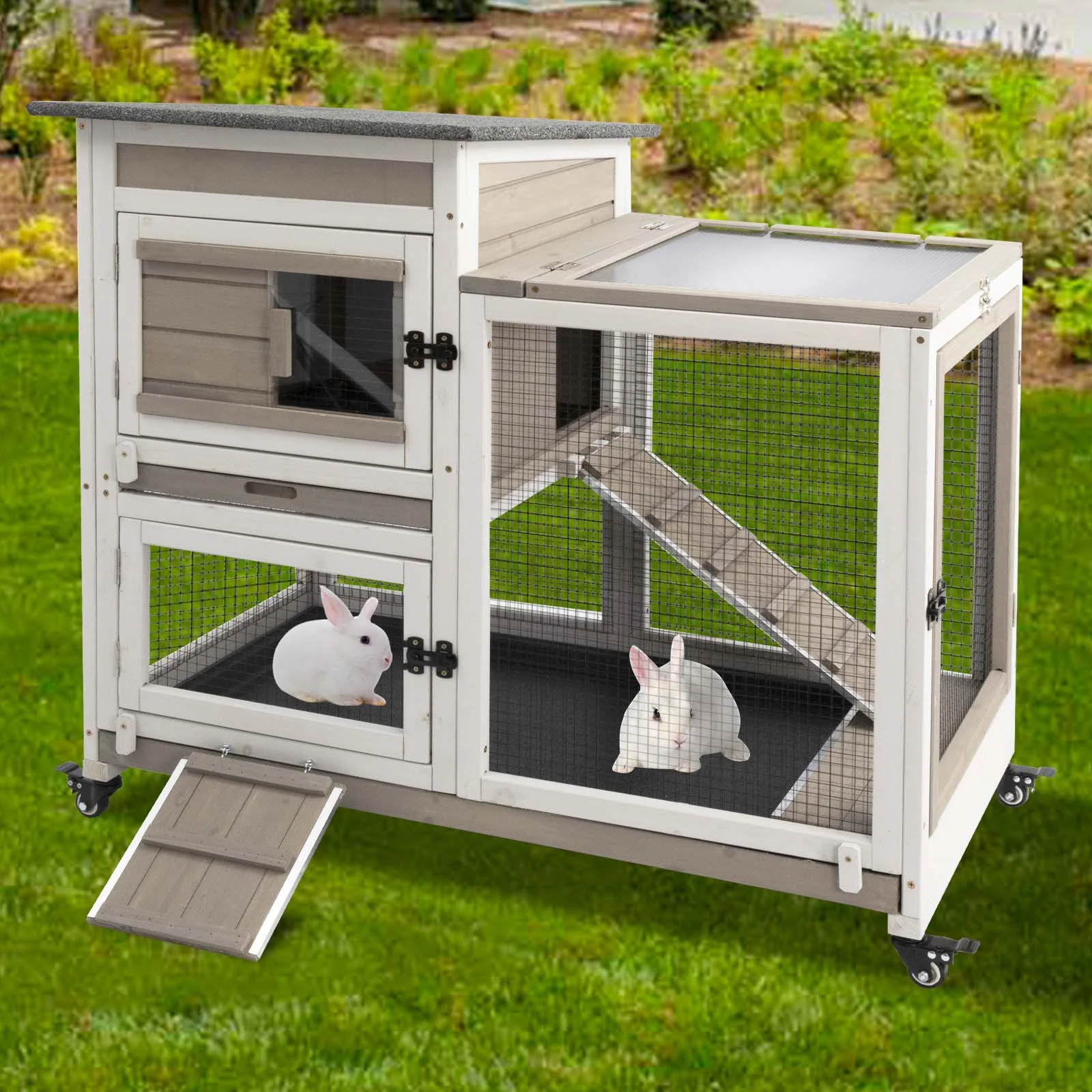 PETSCOSSET 40"L Rabbit Hutch Indoor Wooden Large Bunny Hutch Outdoor 2 Story Rabbit Cage on 4 Metal Wheels with Run and 2 Pull Out Trays UV Panel
