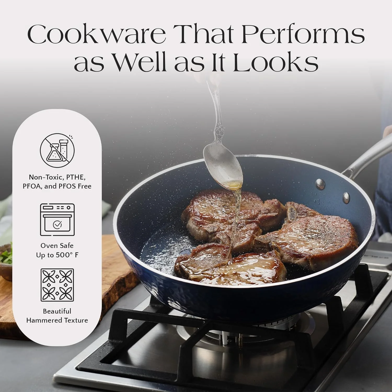 Blue Hammered Collection - Non-Toxic, Non-Stick Ceramic 10 Piece Cookware Set With Glass Lids, Scratch-Resistant, Oven Safe With Upgraded Handles